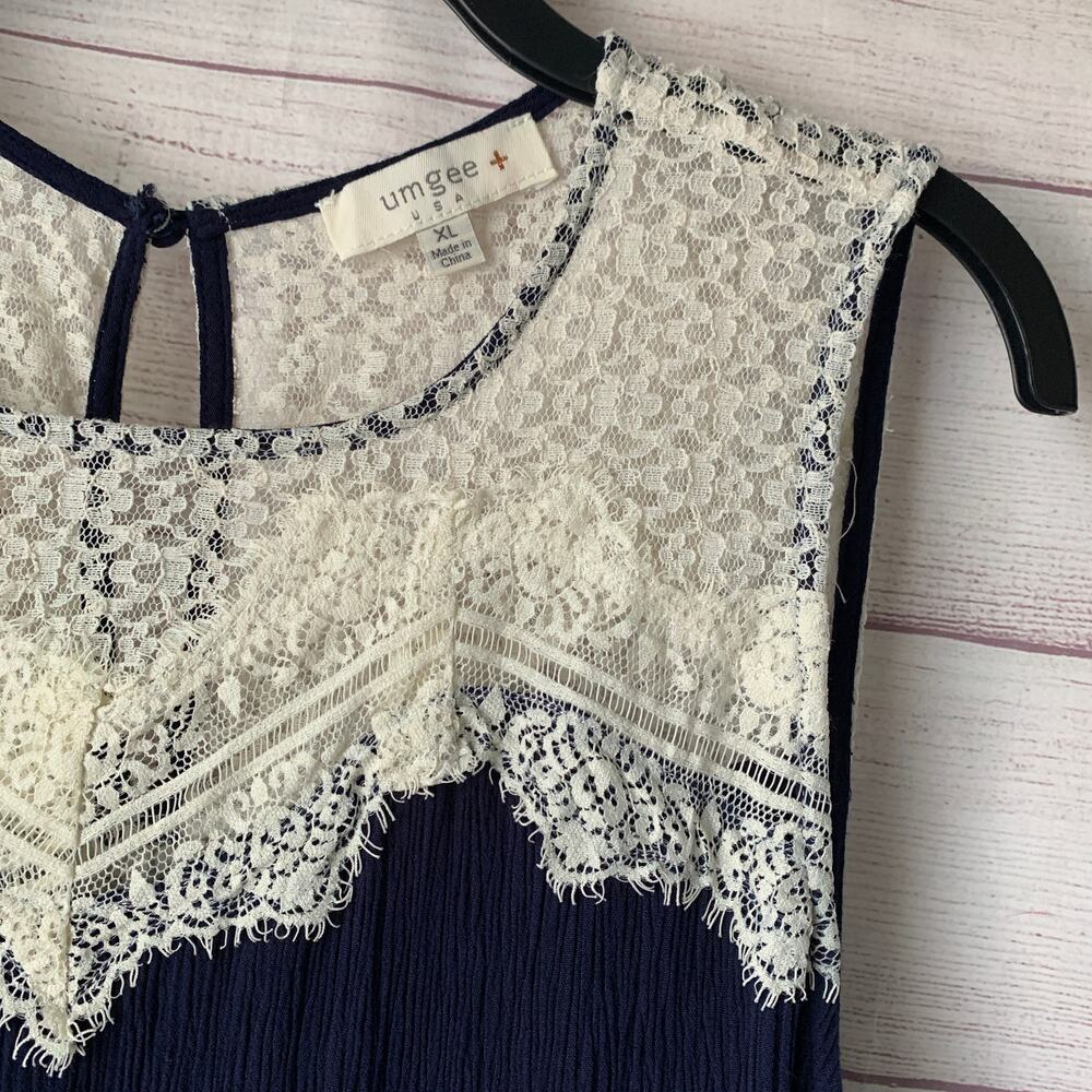 Umgee Navy Blue and Cream Lace Tunic Swing Dress Sleeveless Size XL - Picture 14 of 16